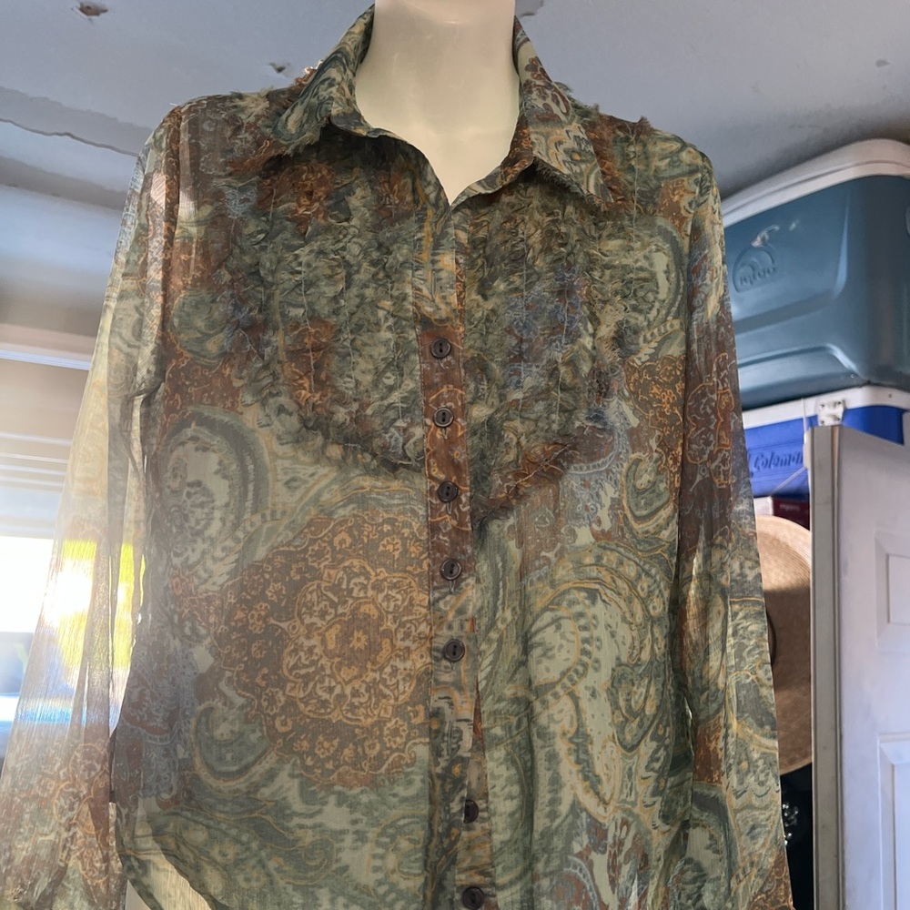 Coldwater Creek Sheer Paisley Button-Up Blouse in Sage Green and Brown